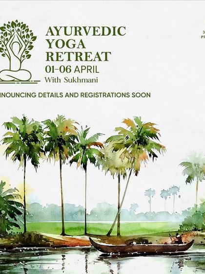 Announcing our Ayurvedic Yoga Retreat in Kerala. The watercolor art evokes the tranquil, water-filled landscapes of "God's Own Country," setting the tone for a peaceful journey.