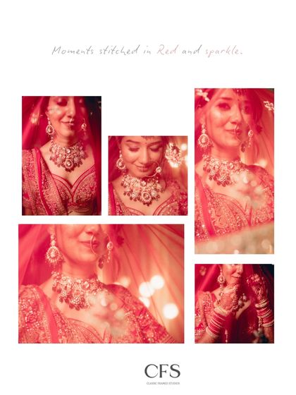 "Moments stitched in Red and sparkle." A collage of close-up shots of the bride in her red lehenga, focusing on her jewelry, smile, and the vibrant color.