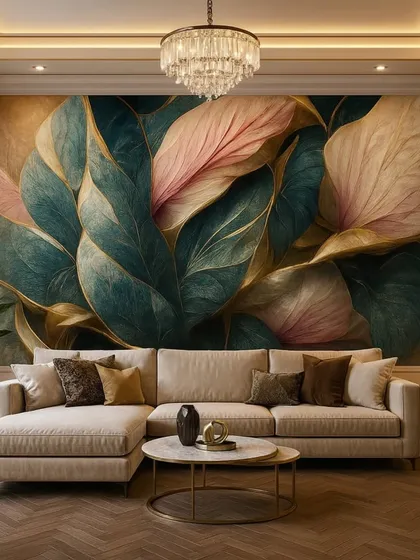 This wallpaper features large, artistic leaves in shades of teal, pink, and gold. The design is perfect for adding a touch of modern luxury and color to any room.