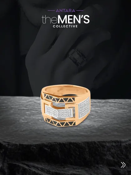 A product shot highlighting the architectural details of this men's diamond ring. The combination of rose gold, black enamel triangles, and rows of natural diamonds creates a powerful, masculine aesthetic.