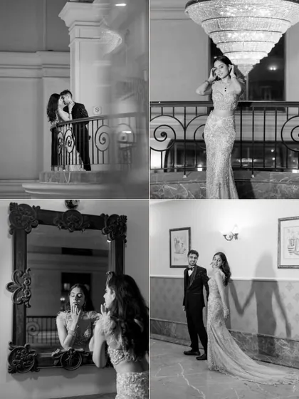 A black and white collage from Anmol and Bhavishya's shoot. These images focus on intimate moments, reflections, and classic poses that build a narrative of romance and elegance.