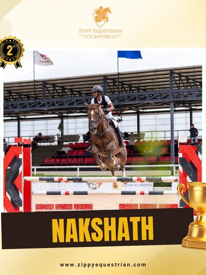 A graphic celebrating Nakshath's silver medal win at the Surge Equestrian League. We are proud of his skill and dedication.