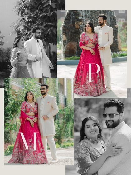 A stylish collage of the couple's Mehendi portraits. It combines color and black and white shots to showcase their outfits and the beautiful outdoor setting.