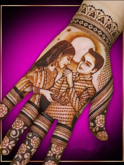 A romantic Karwa Chauth special design, showing a couple looking at the moon. I can create designs for any festival or special occasion.