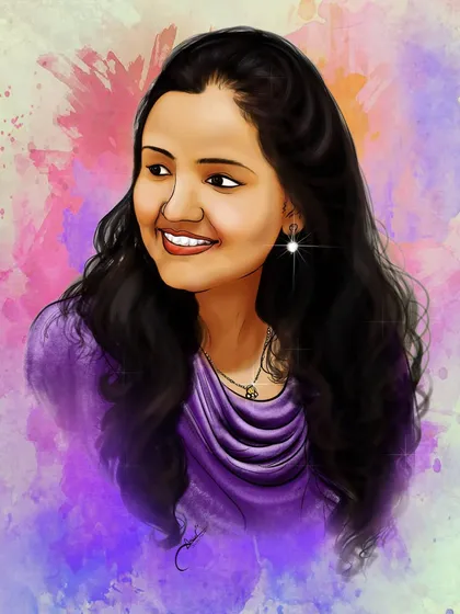 A colored portrait with a soft, watercolor-style background. The bright colors and sparkling earring add a touch of magic to the artwork.