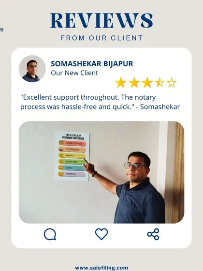 "Excellent support throughout. The notary process was hassle-free and quick." We are glad to know Somashekar had a smooth experience. Our team is dedicated to providing excellent support to make legal processes like notary services easy and fast.