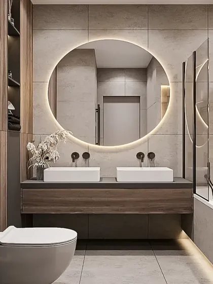 My custom work extends to bathrooms, where I design vanities that are both stylish and smart. This floating wood-finish vanity includes drawers for storage, supporting two vessel sinks, and is complemented by a large, backlit circular mirror.