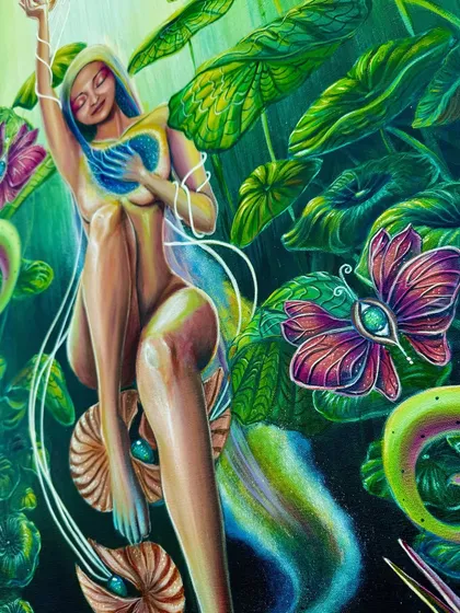 The rich greens and deep shadows in this piece were chosen to create a sense of being immersed in a lush, timeless world of self-discovery.