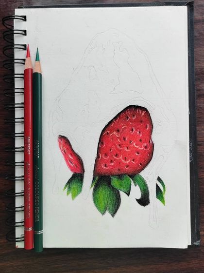 The first WIP of the dripping strawberry, with the fruit itself fully colored but the syrup still an outline.