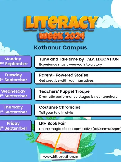 Welcome to Literacy Week at our Kothanur campus. We have a full schedule of events, including musical storytelling by TALA Education and a costume day, all designed to make reading fun.