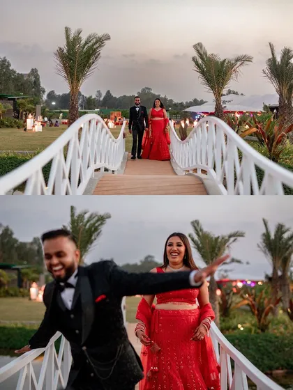 The grand entrance of Monika and Mukul at their reception, with the groom playfully leading the way across the bridge at Utsavaa venues.