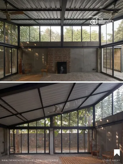 Two interior perspectives of the Artist Residency. The design uses a simple palette of concrete, brick, and a steel roof structure, with floor-to-ceiling glass walls that dissolve the boundary between the room and the landscape, making the garden the main backdrop.