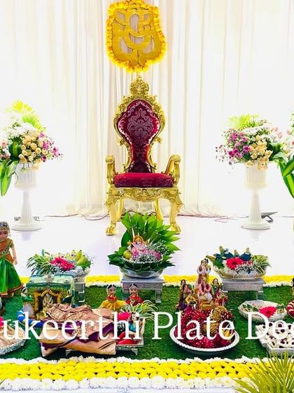 An elegant puberty ceremony setup I did in Bangalore. The simple, clean stage is beautifully complemented by my colorful and traditional platter arrangement.