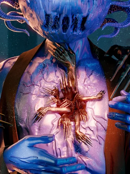 A detailed close-up of the 'Antichrist' character's chest. This shot provides a clearer look at the intricate modeling of the hands bursting from within, a key feature of its body horror design.