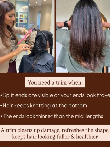 This infographic clearly explains when you need a trim. If you see visible split ends, your hair knots at the bottom, or the ends look thinner than the mid lengths, it's time for a cut to keep your hair looking full and healthy.