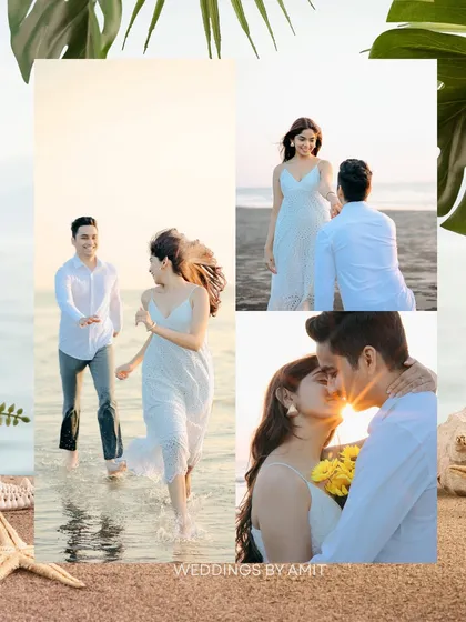 This collage captures the joy of a beach pre-wedding shoot, with moments of running, a proposal pose, and a romantic sun-kissed close-up.