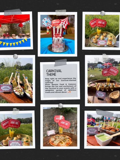 A Polaroid-style collage summarizing the key elements of my carnival theme. It captures the colorful decor, the variety of food, and the playful details that make the event special.
