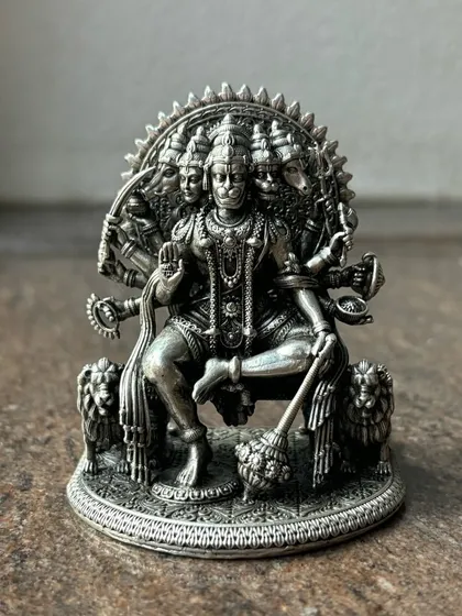 This is our Panchmukhi Hanuman idol in pure silver with an antique finish. The incredible detail captures all five faces and the powerful form of the deity, making it a significant piece for devotees.