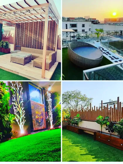 A collage showcasing the variety of our terrace designs, from pergolas and daybeds to Zen gardens and custom privacy screens.