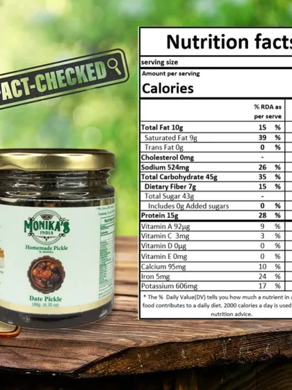 My Date Pickle is not only delicious but also nutritious. This fact-checked label shows its nutritional profile, rich in protein and essential minerals.