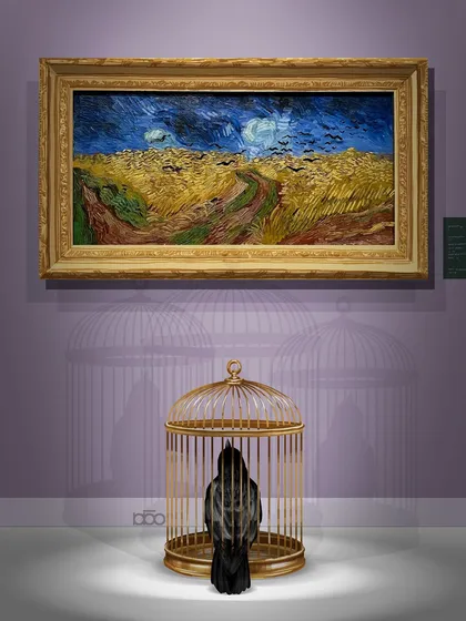 A piece about different kinds of prisons. A real crow sits trapped in a gilded cage on the floor of a museum, staring up at the painted crows flying free in Van Gogh's "Wheatfield with Crows." Both are captive spectators of a flight not meant for them.