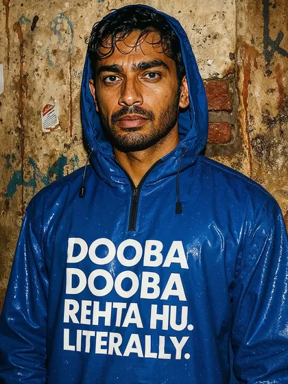 A man in a blue raincoat with the text 'DOOBA DOOBA REHTA HU. LITERALLY.' A duplicate image showing the consistency of the 'Rainquotes' series theme.