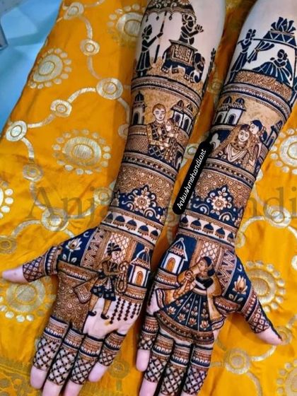 A rich and detailed design telling a full wedding story, with a doli scene, family portraits, and bride and groom figures.