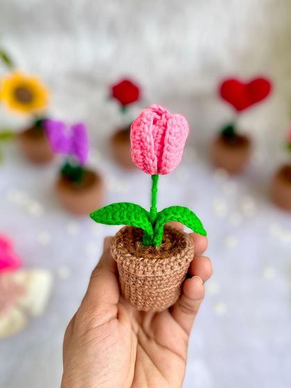 A close-up of the sweet little pink tulip in its crochet pot. It’s a perfect, delicate piece of desk decor.