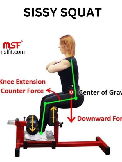 An infographic explaining the biomechanics of the Sissy Squat. Our Sissy Squat machine allows you to safely perform this challenging exercise to isolate the quadriceps.