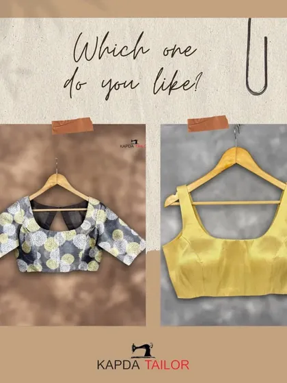 Which one do you like? This graphic asks you to choose between a modern printed blouse and a classic golden sleeveless piece.
