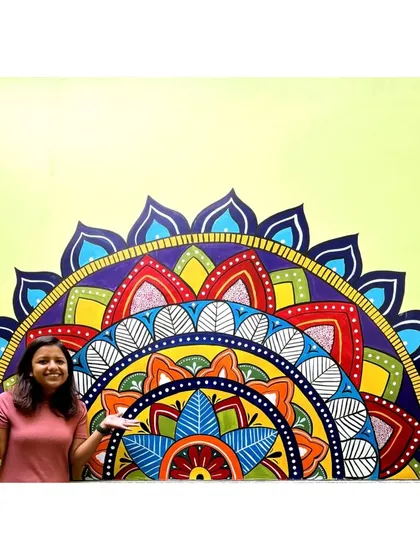 This large, colorful half-mandala mural brings a burst of positive energy and spiritual harmony to the wall. I enjoy playing with bright colors and intricate patterns to create a design that is both meditative and visually striking, making it a great addition to a home or a wellness studio.