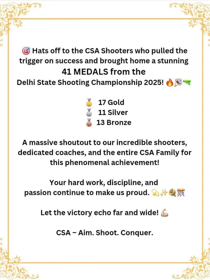 The results speak for themselves. Our academy shooters secured a remarkable 41 medals, including 17 golds, at the Delhi State Shooting Championship 2025. This graphic showcases the depth of talent we have across various categories.