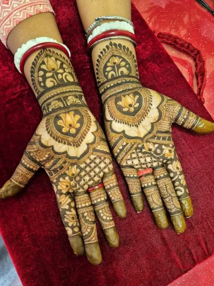 A beautiful design with lotus motifs and a rich, dark stain.