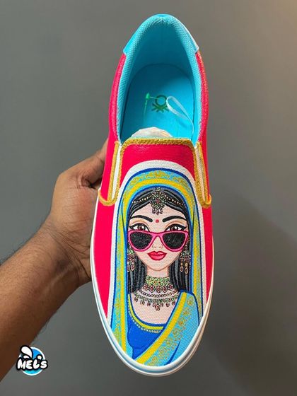 The other shoe from our bridal set, featuring a beautiful hand-painted illustration of a modern Indian bride in sunglasses.