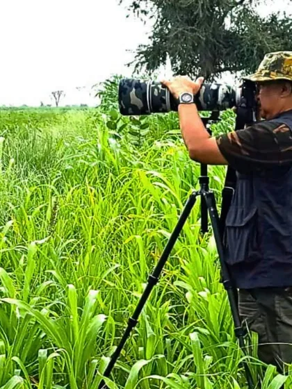 A photographer with a large lens and tripod scans the green fields of Rajasthan during our monsoon birding tour. We provide expert guidance for photographers to get their dream shots.