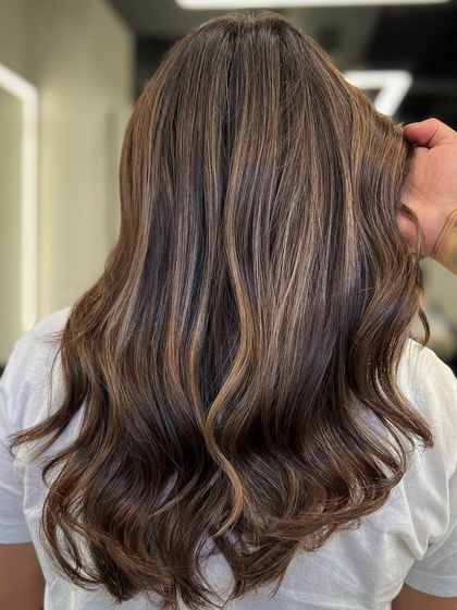 The back view of this beautiful brunette with signature balayage highlights. The color is rich and dimensional, and the hair is healthy and full of shine.