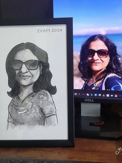 A lovely black and white caricature of a female employee, shown beside the reference photo.