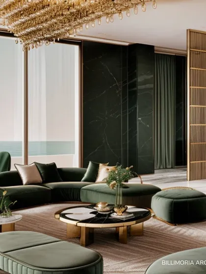 This living space offers an expansive view of the sea, framed by floor-to-ceiling windows. We used low-profile, deep green velvet seating to ensure the focus remains on the natural beauty outside, while providing luxurious comfort within.