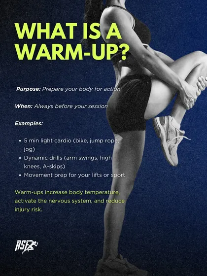 A warm-up should always come before a session to prepare your body for action. It increases body temperature, activates the nervous system, and reduces injury risk.