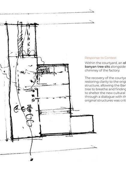 A concept sketch for IF.BE, focusing on the recovery of the courtyard and the critical role of the Banyan tree. The drawing shows the initial thought process for how to shelter new spaces through a dialogue with the original structures.