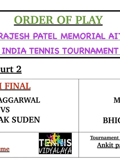The official Order of Play for the semi-finals of the 7th Shri Rajesh Patel Memorial AITA Men's Tournament.