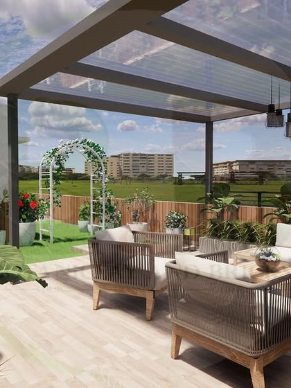 A comprehensive 3D view of a terrace design. This render shows how we can combine different zones, including a lounge area under a pergola, a small artificial lawn, and space for a BBQ, all within one cohesive plan.