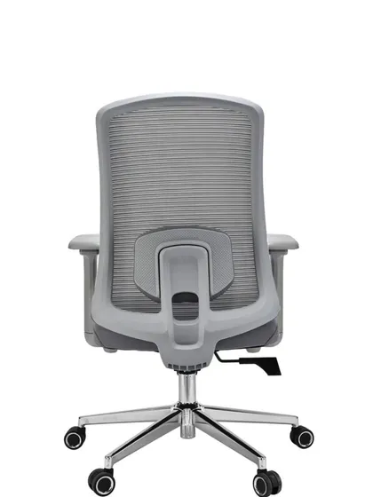 The back view of the grey mesh chair.