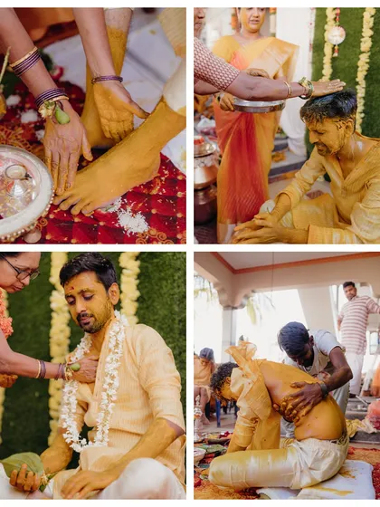 A collage of a groom's Mangalasnanam, showing the traditional application of turmeric by family members.