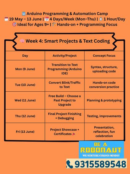 The final week of our Arduino Programming camp is about smart projects and transitioning to text coding, with a final showcase and certificates.