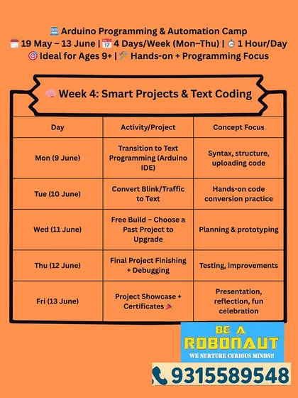 The final week of our Arduino Programming Camp, where students transition to text-based coding and showcase their final projects.