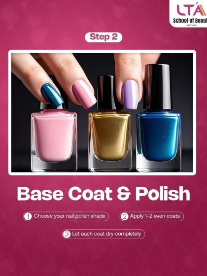 The second step to a flawless manicure is a perfect base coat and polish application. We teach you how to choose the right shades and apply even coats for a smooth, professional finish that lasts.