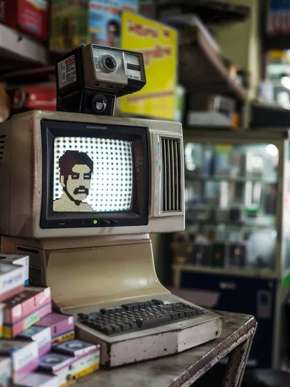 A close-up of a 'kiranatech' computer at a paan shop, showing its worn, used texture. The details are important for making these future worlds feel lived-in.