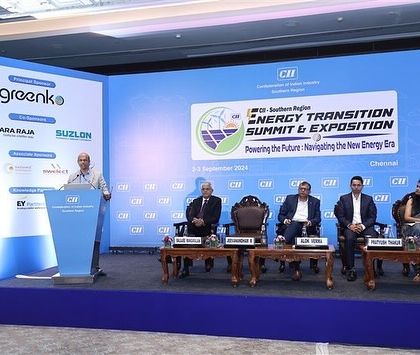 Our Senior Partner, Jeeva Rajagopal, addresses the audience from the podium at the CII-SR Energy Transition Summit. He shared insights on financial instruments and models to support India's energy transition.