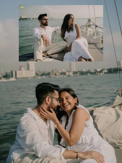 A creative collage combining a wide shot and a close-up from a Mumbai yacht pre-wedding shoot.